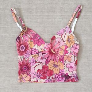 Timing Floral Pink Orange Flower Retro Tank Top Sheer Summer Beach Tropical Smal